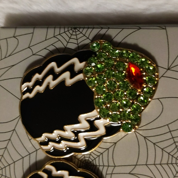 NWOT Bride of Frankenstein Earrings With Frankenstein Brooch Metallic Bejeweled - Picture 9 of 13